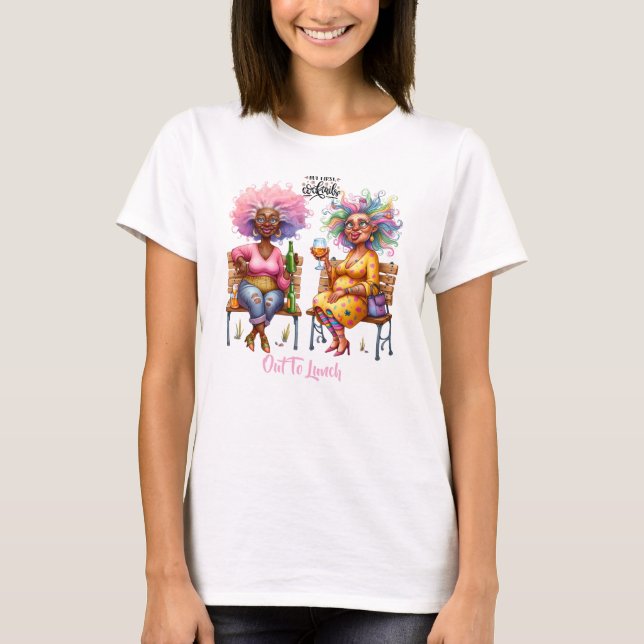 Roliga vin damer men först damer t-shirt (Framsida)