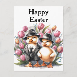Roliga vintage påskankor i kostymer rosa tulpaner vykort