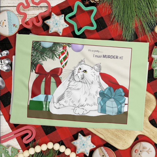 Roliga vita katt julgran ornament gröna kökshandduk (Skapare uppladdad)