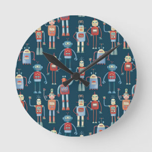 Roligt 1950-talet Stil Retro Robot Mönster Mörk Rund Klocka