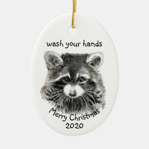 Roligt 2020 Tvätta din Händer Raccoon Julgransprydnad Keramik