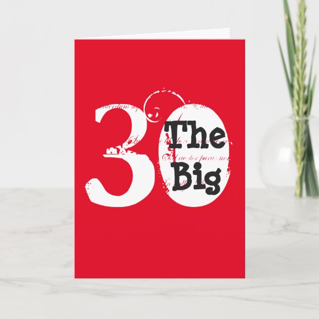 Roligt, 30års födelsedag, vit, svart text på rött. kort (Framsida)