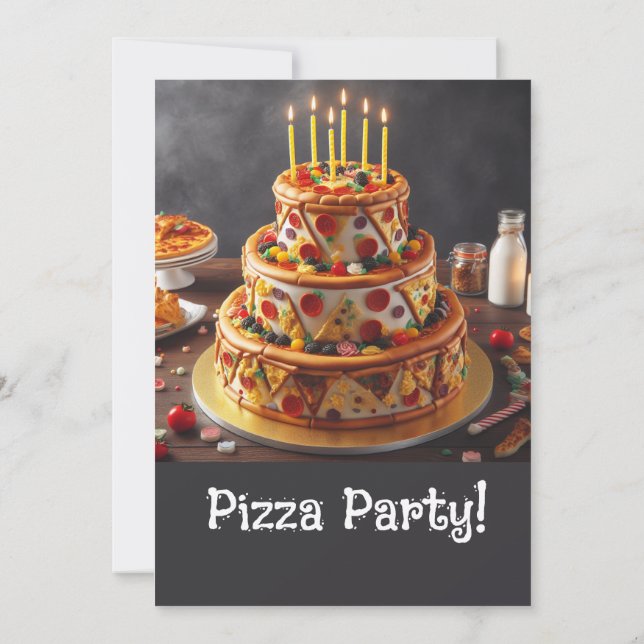 ROLIGT 3 TIERD PIZZA BIRTHDAY CAKE PARTY INBJUDNINGAR (Baksida)