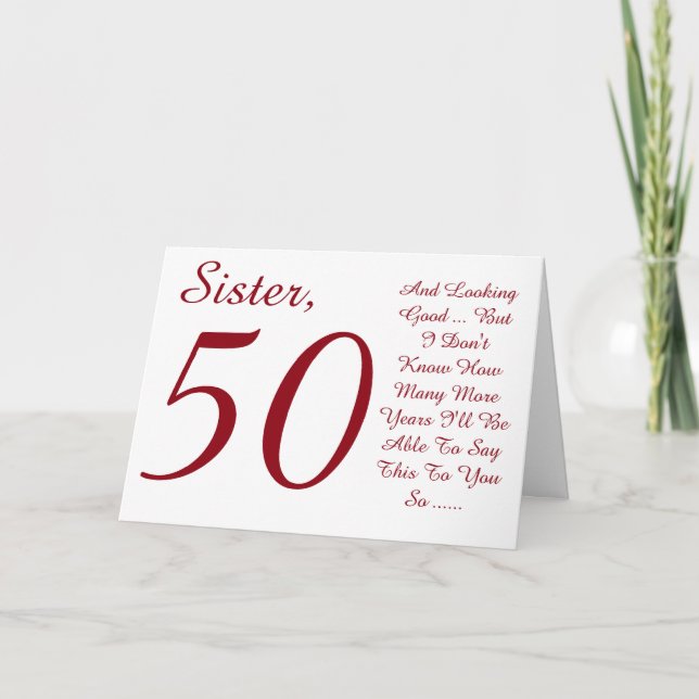 Roligt, 50-årsdag för syster, röd och vit text. kort (Framsida)