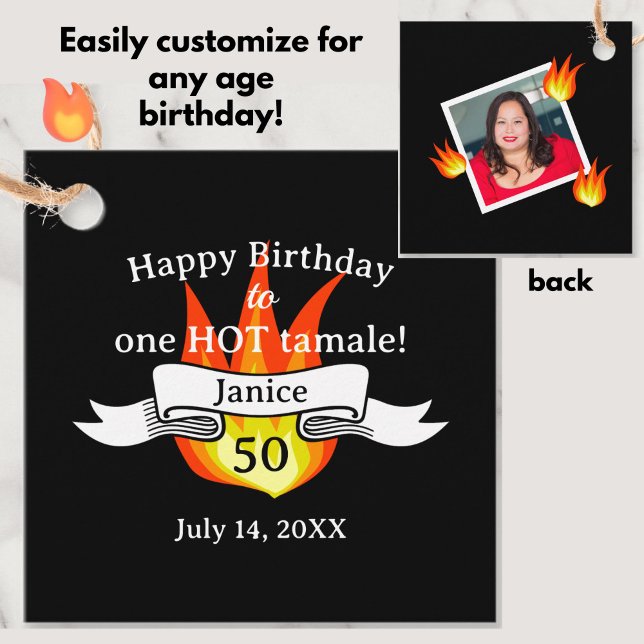 Roligt 50:e födelsedag Personligen "Hett Tamale" F Gåvor Etiketter (Personalize this fun 50th birthday favor tag with a name and photo of the hot tamale! )