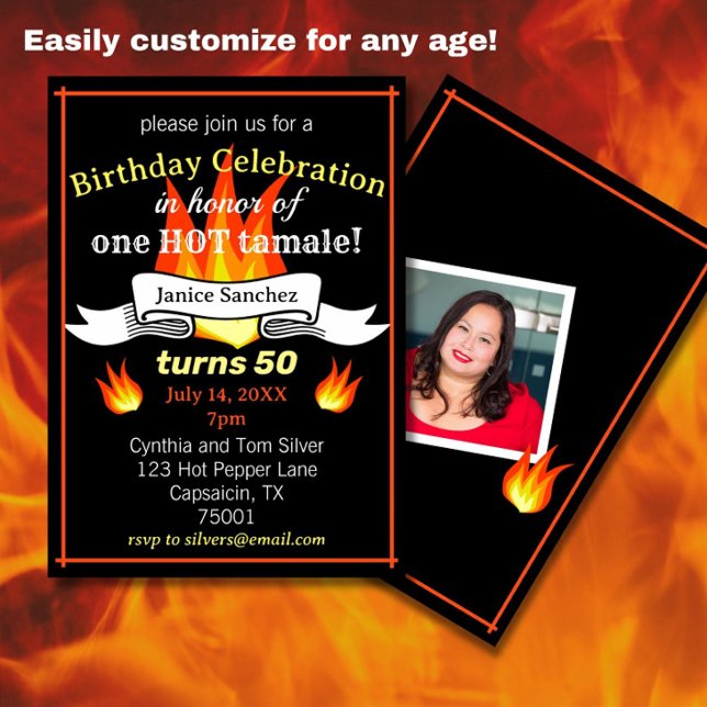Roligt 50:e födelsedagen "Hett Tamale" Funny Photo Inbjudningar (Spice up a 50th birthday with this fun, sassy Hot Tamale birthday party invitation!)
