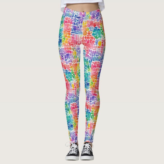 Roligt Abstrakt Colorful Mosaic Watercolor Mönster Leggings (Framsida)