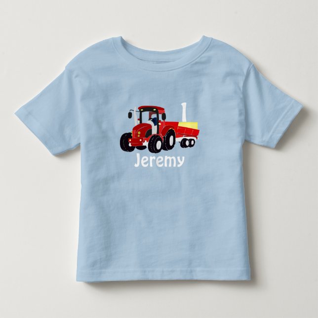 Roligt Ålder och Namn Red Tractor Birthday Småbarn T Shirt (Framsida)