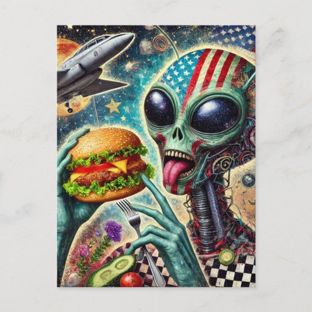 Roligt Alien Eating Cheeseburger Encaustic Collage Vykort (Framsida)
