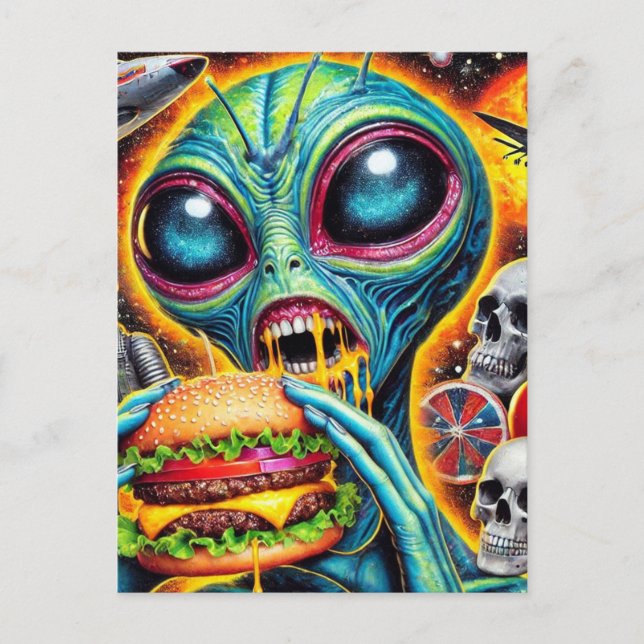 Roligt Alien Eating Cheeseburger Vykort (Framsida)