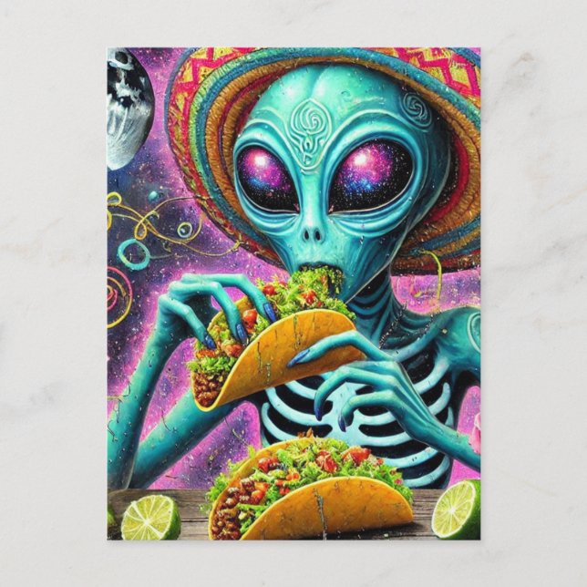 Roligt Alien Eating Tacos Vykort (Framsida)