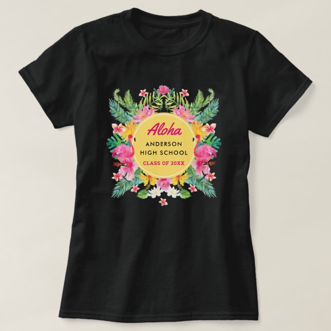 Roligt Aloha Tropical Flamingo Studenten Luau T Shirt (Design framsida)