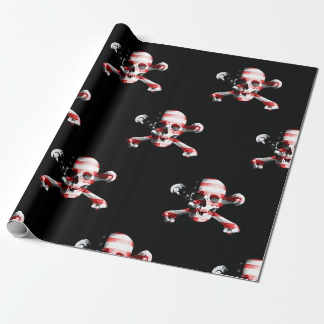 Roligt American Pirat Skull på Black Presentpapper (Utrullad)