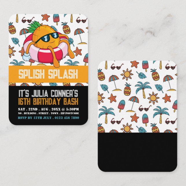 Roligt Ananas, Bassäng Party, Biljett för födelsed (Fram/baksida)