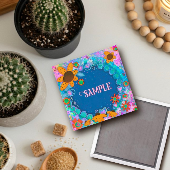 Roligt Anpassningsbar Gula blommor Blue Inspirief  Magnet (Skapare uppladdad)