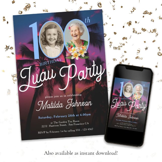 Roligt Anpassningsbar Photo Luau 100:e Födelsedags Inbjudningar (100th Birthday Luau Party Classy Fun Custom Photo Invitation)
