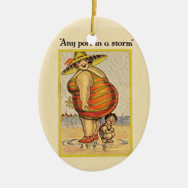 Roligt Antikt Par på Strand Oddity Julgransprydnad Keramik (Framsidan)