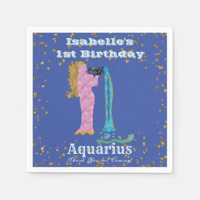 Roligt Aquarius First Birthday & Guld Confetti Pappersservett (Framsidan)