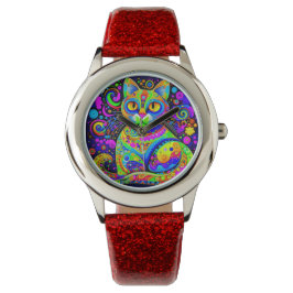Roligt Artsy Bright Färgad Haight-Ashbury Stil Cat Armbandsur