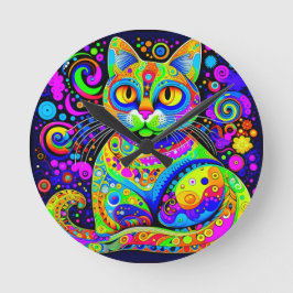 Roligt Artsy Bright Färgad Haight-Ashbury Stil Cat Rund Klocka