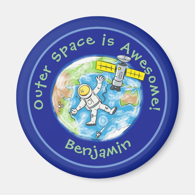 Roligt astronaut med satellit över jordens tecknad magnet (Framsidan)