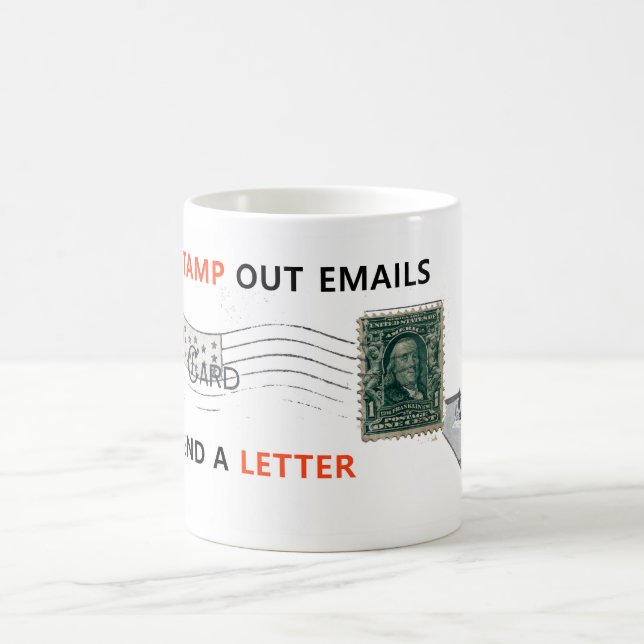 ROLIGT ÅTERVINNA ART: "FRIMÄRKE OUT EMAILS.." KAFFEMUGG (Center)