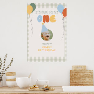 Roligt att fylla ETT Grönt Gingham 1-års välkomsts Poster