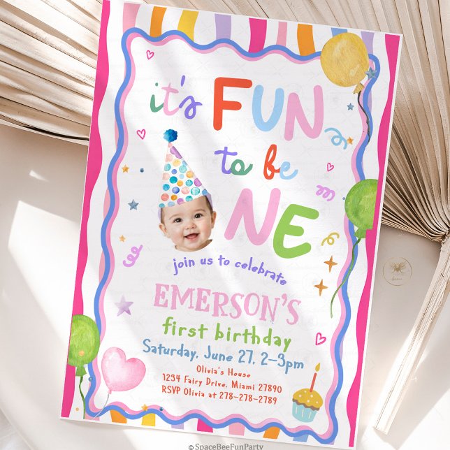 Roligt att vara en Foto 1-årsdag  Inbjudningar (fun to be one, first birthday, 1st birthday party, baby birthday, birthday invitation, birthday deco)