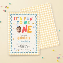 Roligt att vara en Foto Gingham 1-årsdag Inbjudningar