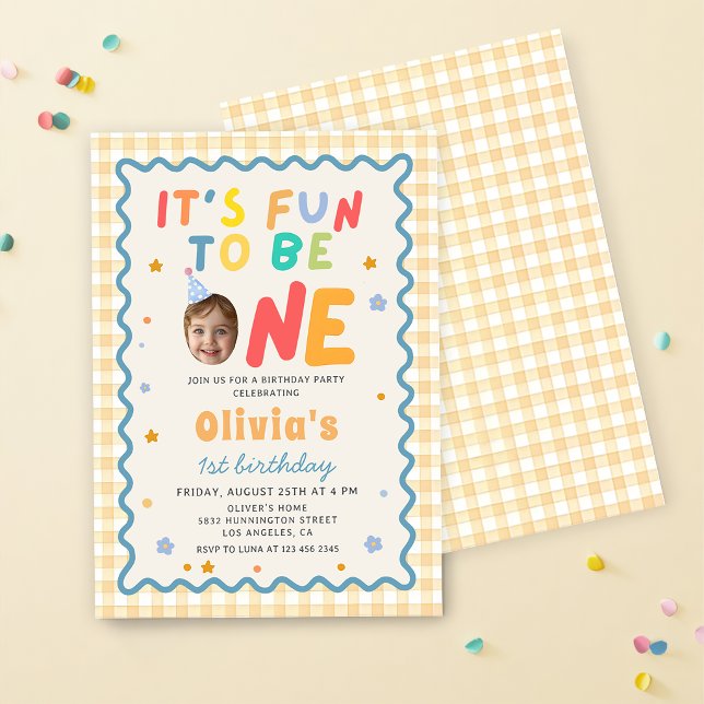 Roligt att vara en Foto Gingham 1-årsdag Inbjudningar (Skapare uppladdad)