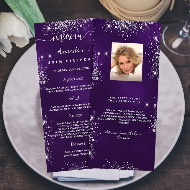 Roligt av foto från Birthday Menu lila silver glit Reklamkort (Skapare uppladdad)