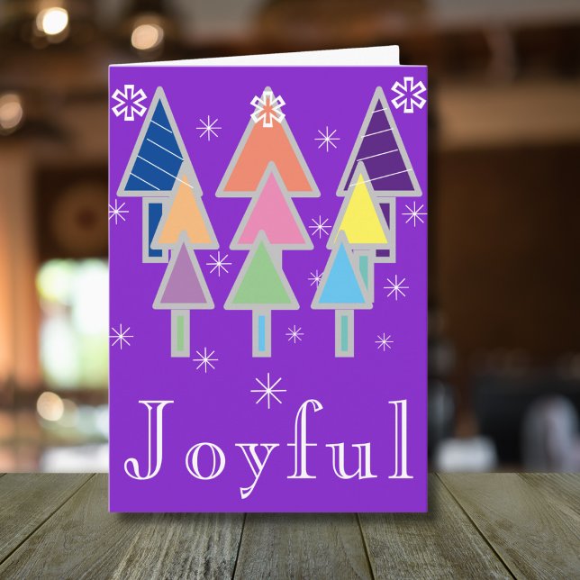 Roligt av glatt Helgdag Chic  Lila jul - jul Kort ('Joyful' purple holiday card with modern abstract art Christmas trees.)