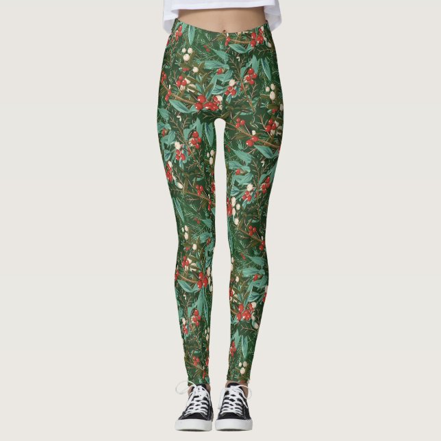 Roligt av klassisk Grönt, botanisk Helgdag jul Leggings (Framsida)