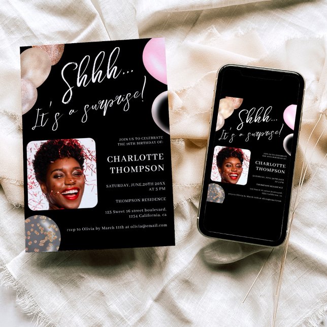 Roligt ballonger guld svart fotoöverraskning Sweet Inbjudningar (Skapare uppladdad)