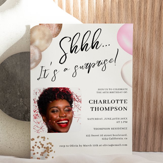 Roligt ballonger guld vit fotoöverraskning Sweet 1 Inbjudningar (Skapare uppladdad)