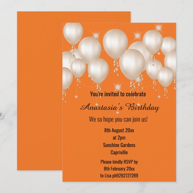 ROLIGT BALLOON BRIGHT ORANGE BIRTHDAY INBJUDNINGAR (Fram/baksida)