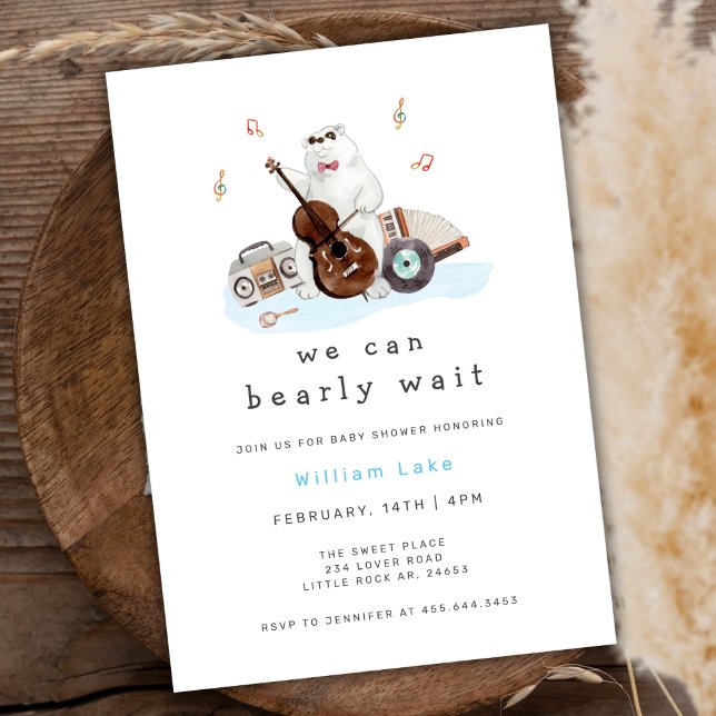 Roligt Barly Wait Musician Polar Bear Baby Shower Inbjudningar (Fun Bearly Wait Musician Polar Bear Baby Shower Invitation)