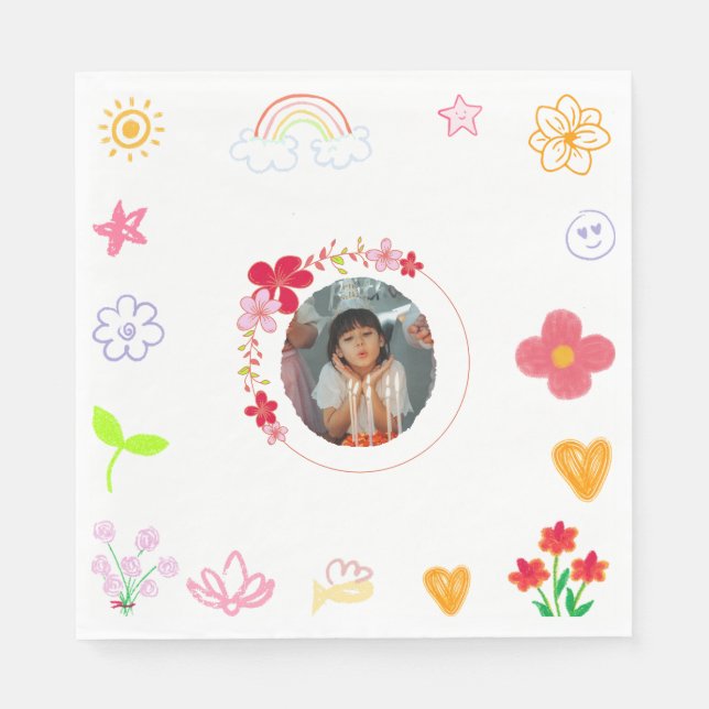 Roligt Barns födelsedag Napkins - Gult och Lila Pappersservett (Framsidan)