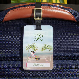 Roligt Beach Scene Glam Handflatan Träd Monogram N Bagagebricka