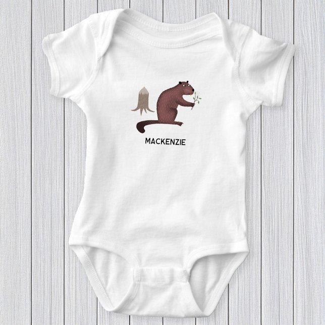 Roligt Beaver Personlig Namn T Shirt (Fun personalized custom name beaver baby bodysuit for little animal lovers)