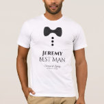 Roligt Best Man Black Tie Mock Tuxedo Bröllop T Shirt<br><div class="desc">De här roligtarna t-shirts är designade som favörer eller gåvor för din bästa man. T-tröjan är vit och har en bild av en svart bågslips och tre knappar. Texten lyder Best Man,  och har ställe att skriva in namn och bröllop parets namn och bröllop. Underbart tillägg till en bröllop-säck.</div>