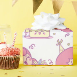Roligt Birthday Gift Wrap Cake & Hat Girl Theme Presentpapper