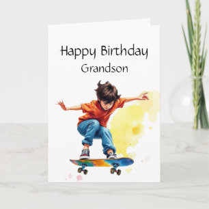 Roligt Birthday Grandson Boy på en skateboard Kort