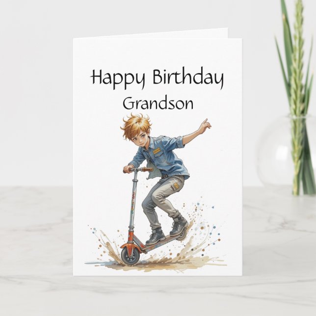Roligt Birthday Grandson Boy på Kick Scooter Sport Kort (Framsida)