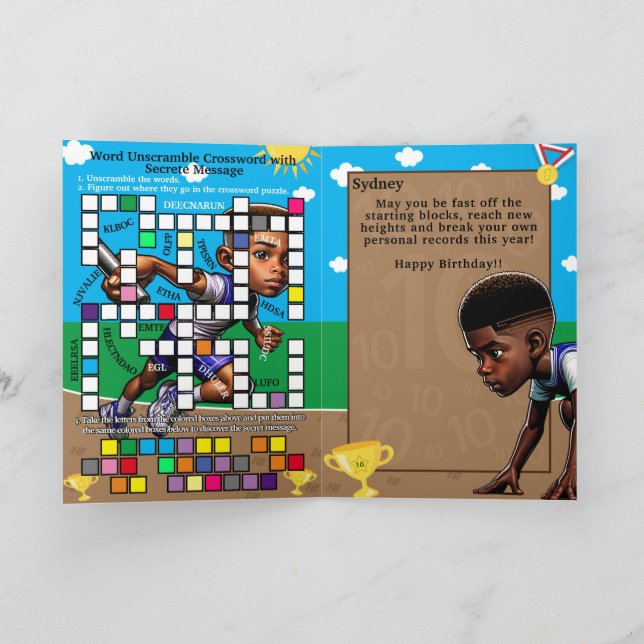 Roligt Black Boys Track Star Secret Message Birthd Kort (Inuti)