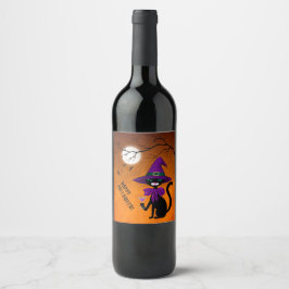 Roligt Black Cat Drinking Vin Witch Hat Halloween Vinflaska Etikett