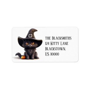 Roligt Black Cat med Witches Hat Return Adressetikett