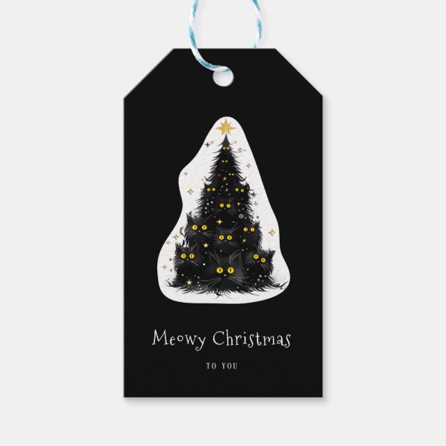 Roligt Black Cat Meowy Julgran Presentetikett (Framsidan)