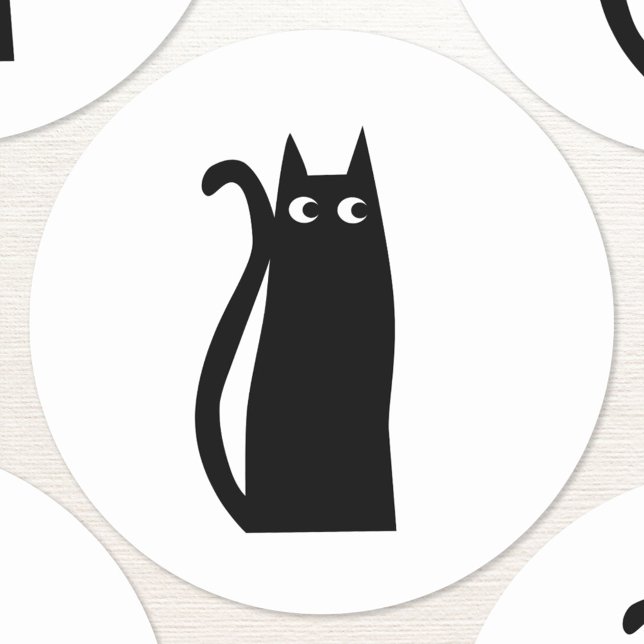 Roligt Black Cat Runt Klistermärke (Fun black cat sticker or envelope seal)