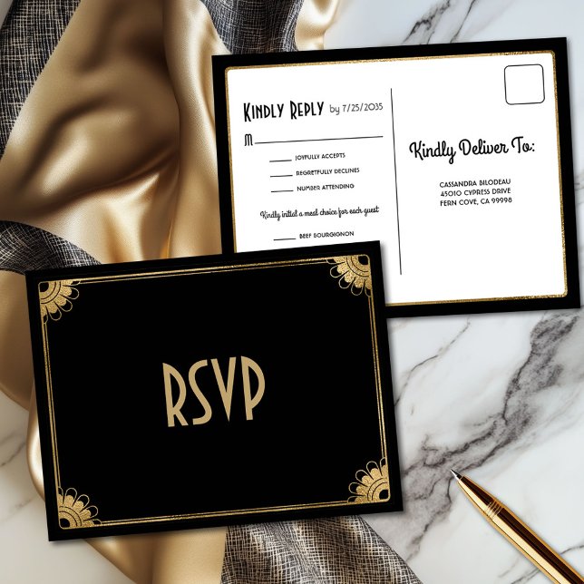Roligt Black Guld Art Deco Meal-alternativ Bröllop Vykort (Elegant black and gold art deco wedding RSVP postcard with three meal choices)